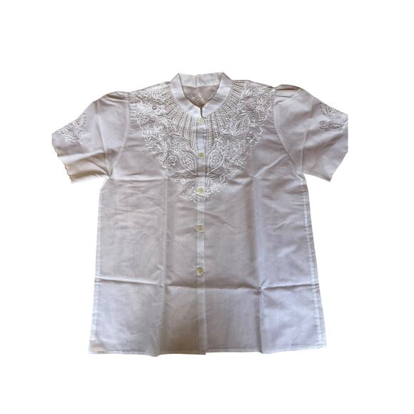 Vintage 80s Women's Floral Embroidered Classic Career Cotton Blouse White XL - Picture 1 of 6
